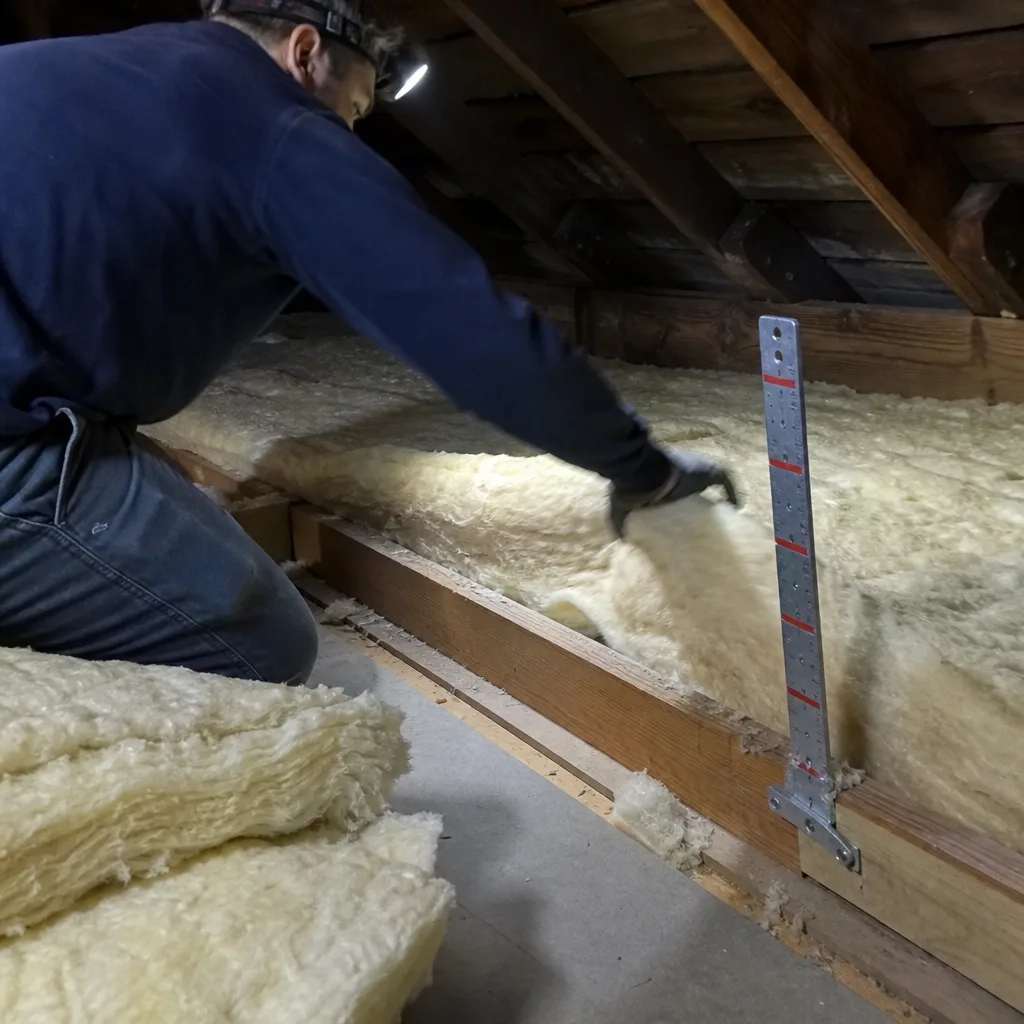 Technician installing attic insulation between wooden joists