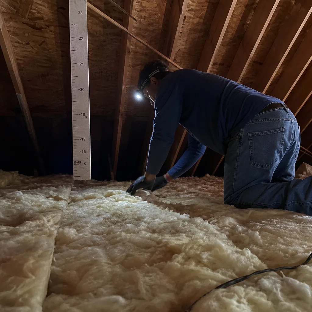 Technician installing attic insulation to improve home energy efficiency