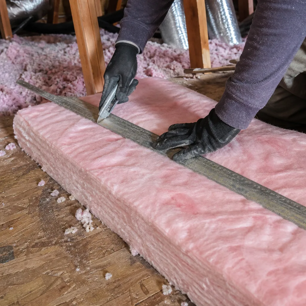 Professional cutting pink fiberglass attic insulation batts with a utility knife