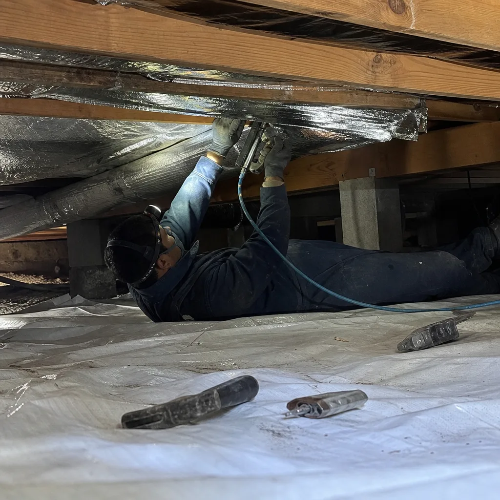 Technician installing vapor barrier insulation in a home crawl space.