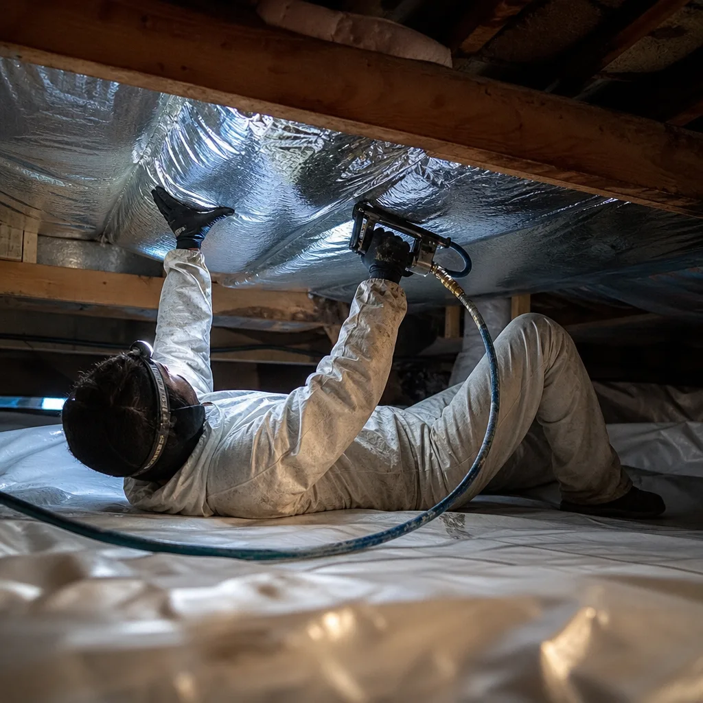 Technician performing professional crawl space encapsulation and vapor barrier installation.
