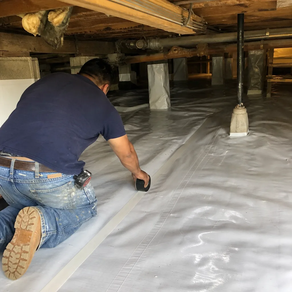 Contractor sealing vapor barrier seams during crawl space encapsulation